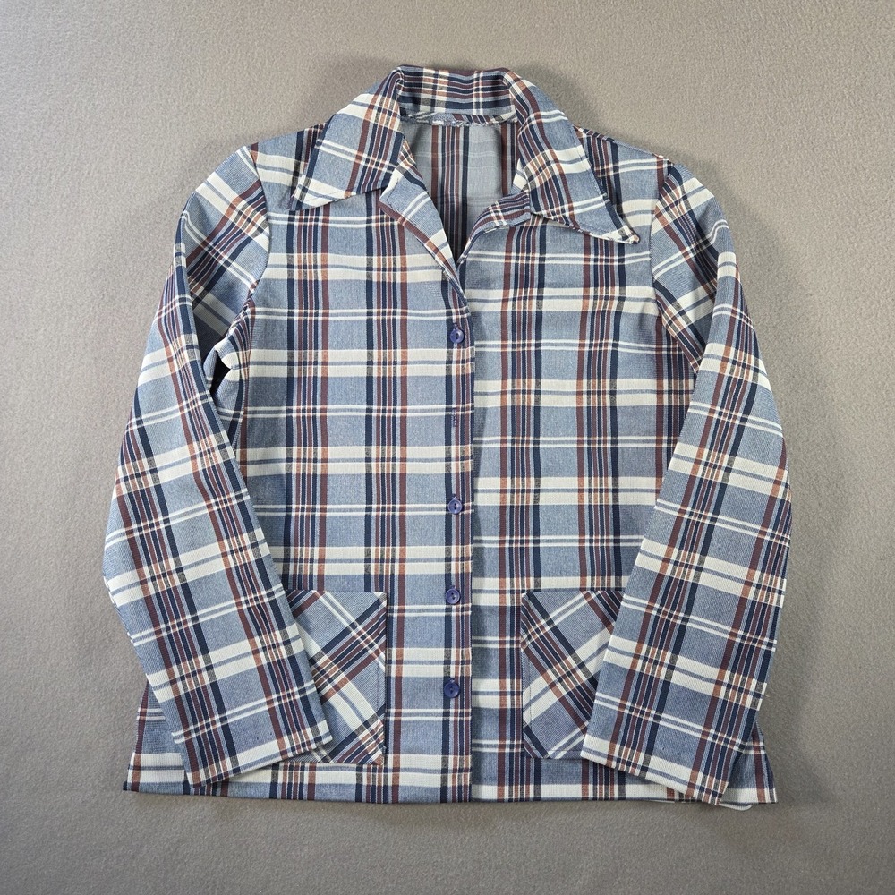 Vintage Plaid Jacket Womens Medium Blue Leisure Disco Mod Dagger Collar 70s